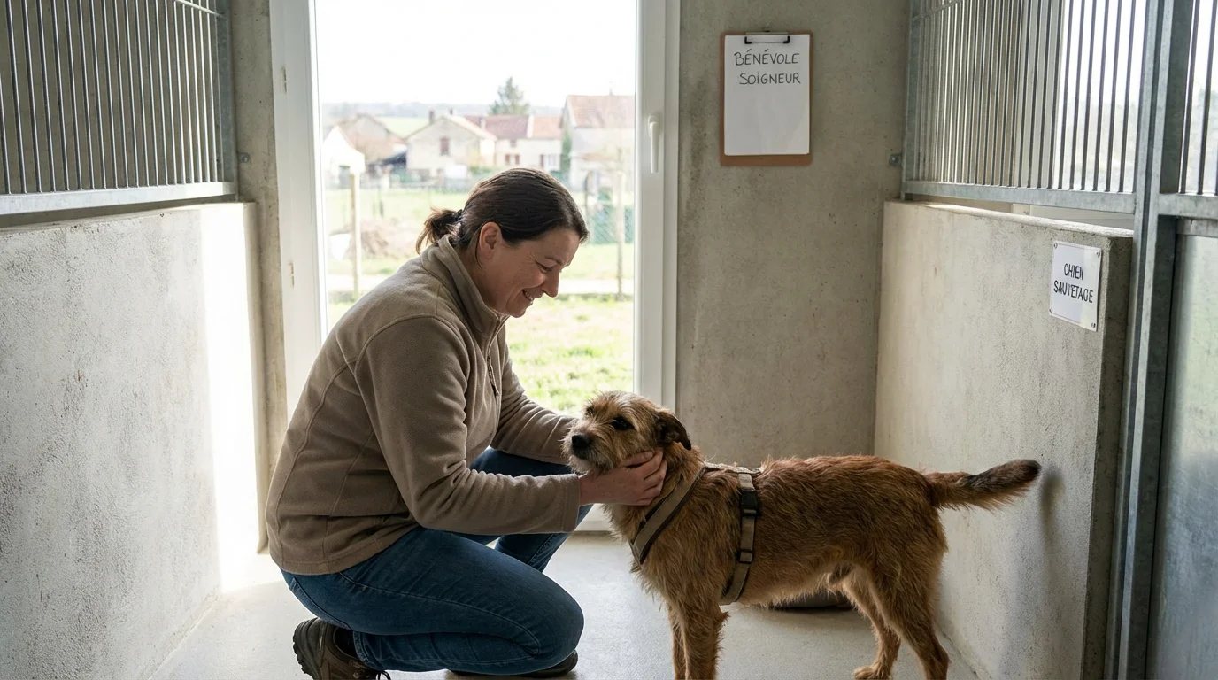Bénévole européenne s'occupant d'un chien dans un refuge pour animaux en France