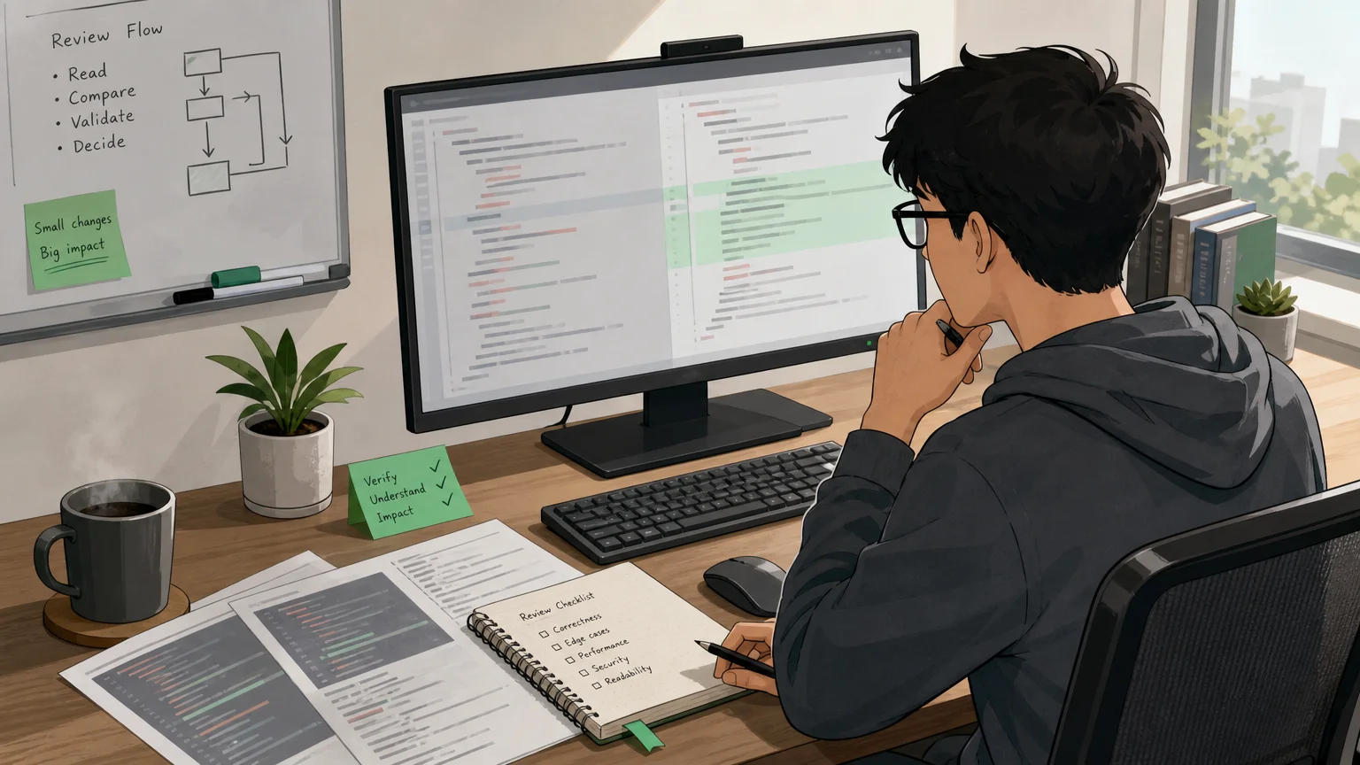 Developer carefully reviewing an AI assisted code change