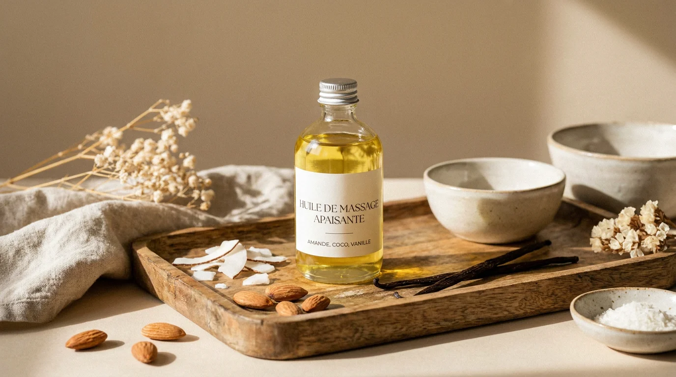 Flacon d'huile de massage comestible entouré d'ingrédients naturels sur plateau en bois