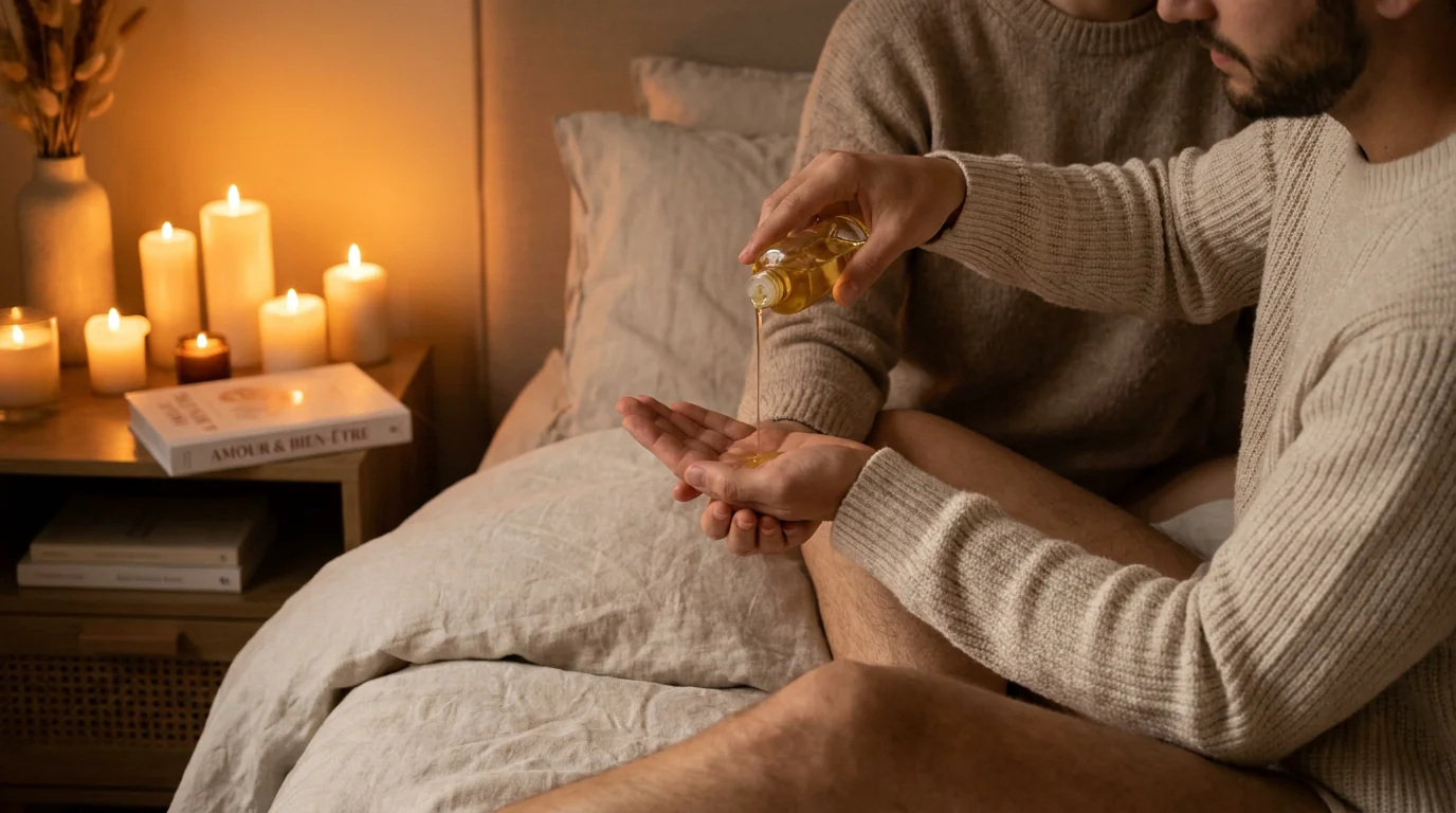 Couple dans une ambiance tamisée versant de l'huile de massage comestible dans la paume