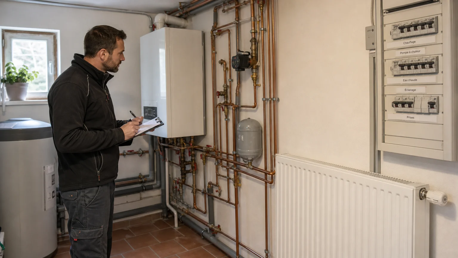 Technicien examinant une installation de chauffage existante dans une maison
