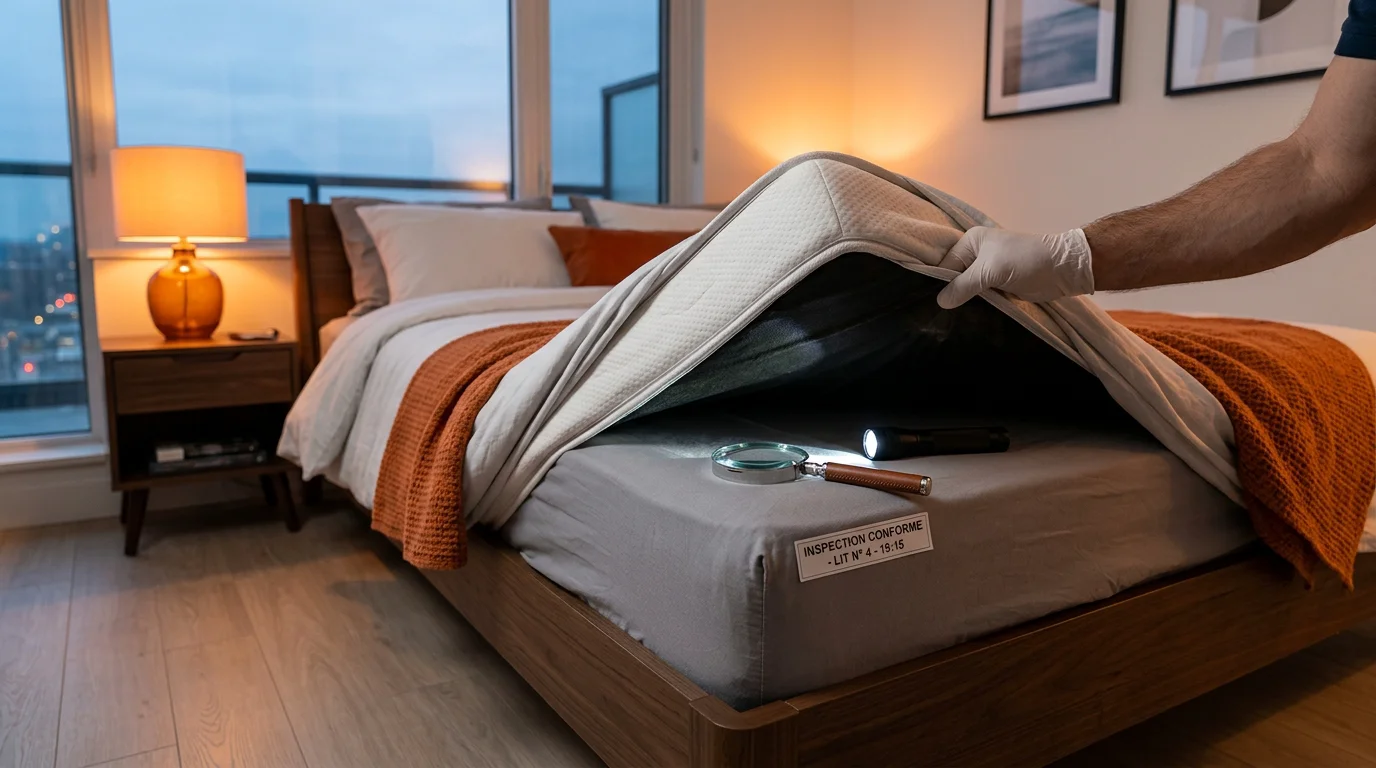 Chambre moderne avec un matelas soulevé et des outils d'inspection pour repérer un nid de punaises de lit