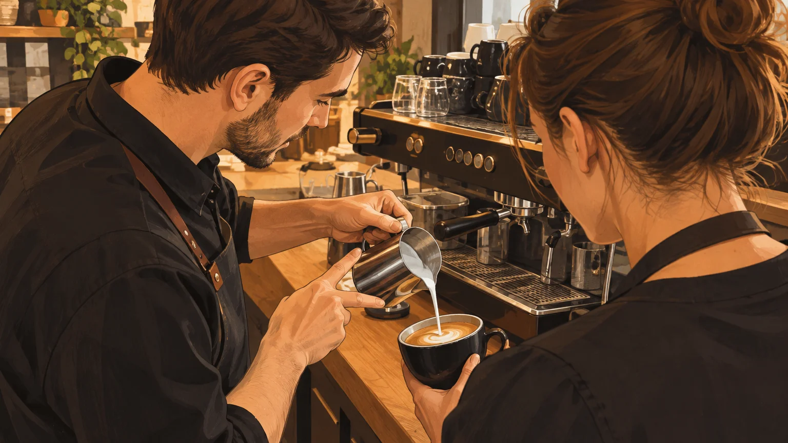 Un formateur corrige la hauteur du pichet pendant un exercice de latte art