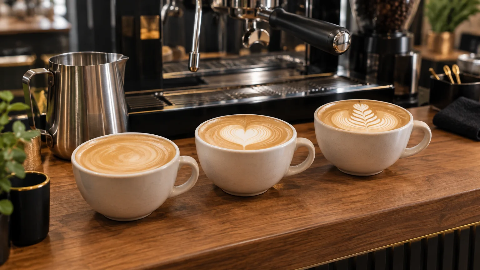 Trois tasses illustrent les étapes d’un entraînement au latte art