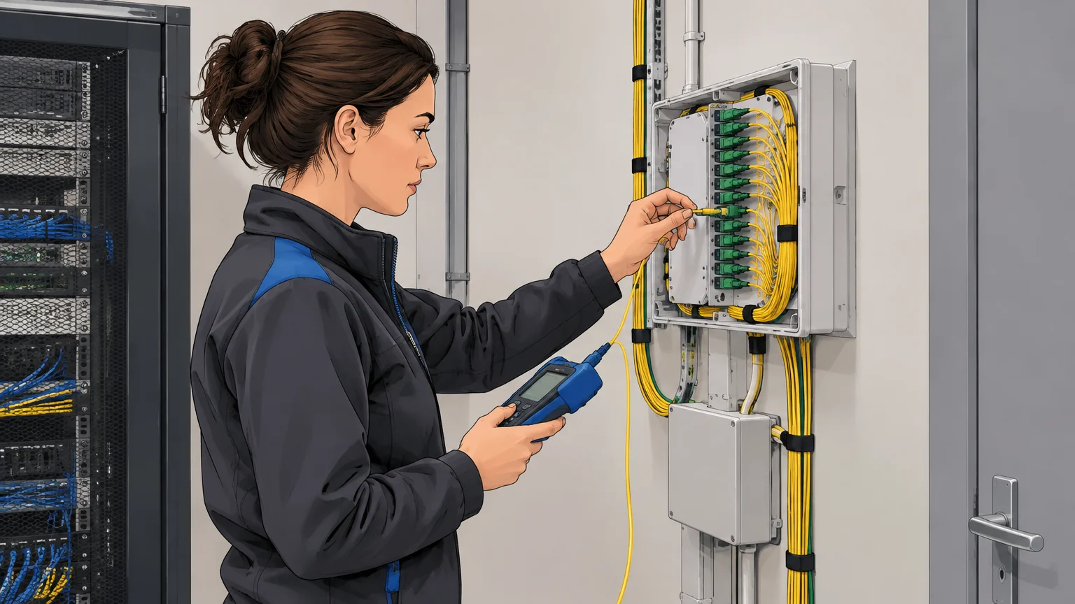 Technicienne vérifiant un boîtier de fibre dans un immeuble de bureaux