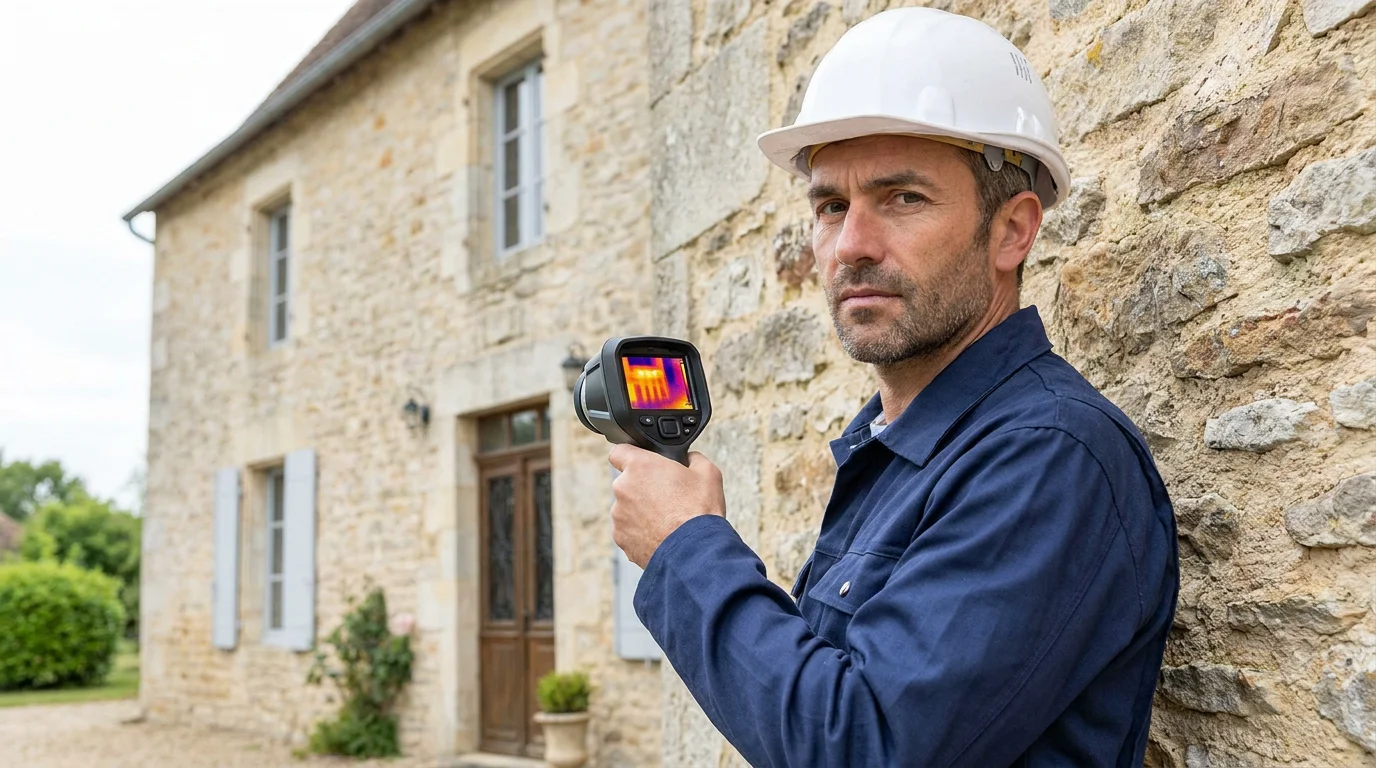 Diagnostiqueur immobilier inspectant une grande maison individuelle pour un DPE