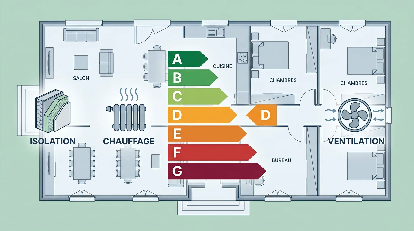 Étiquette énergie DPE de A à G sur le plan d'une grande maison