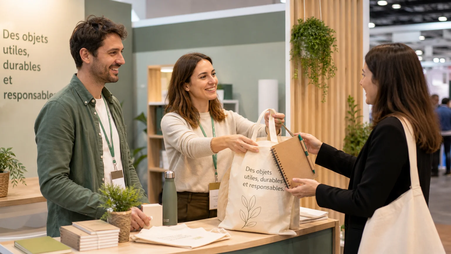 Distribution de goodies éco-responsables sur un stand de salon professionnel en France