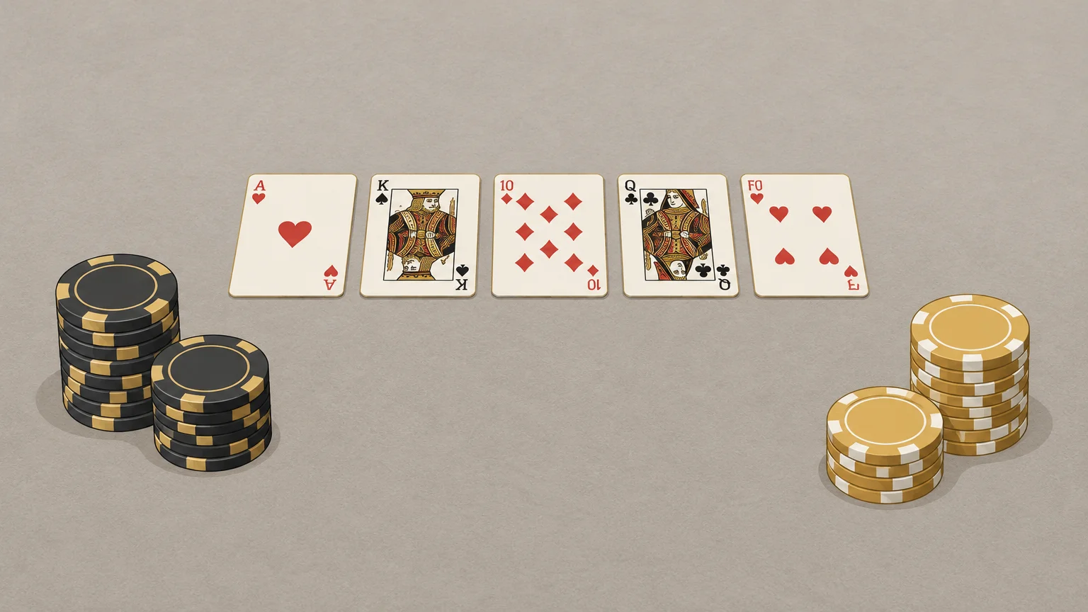 Deux tailles de mises en jetons près de cartes de poker sur un fond neutre.
