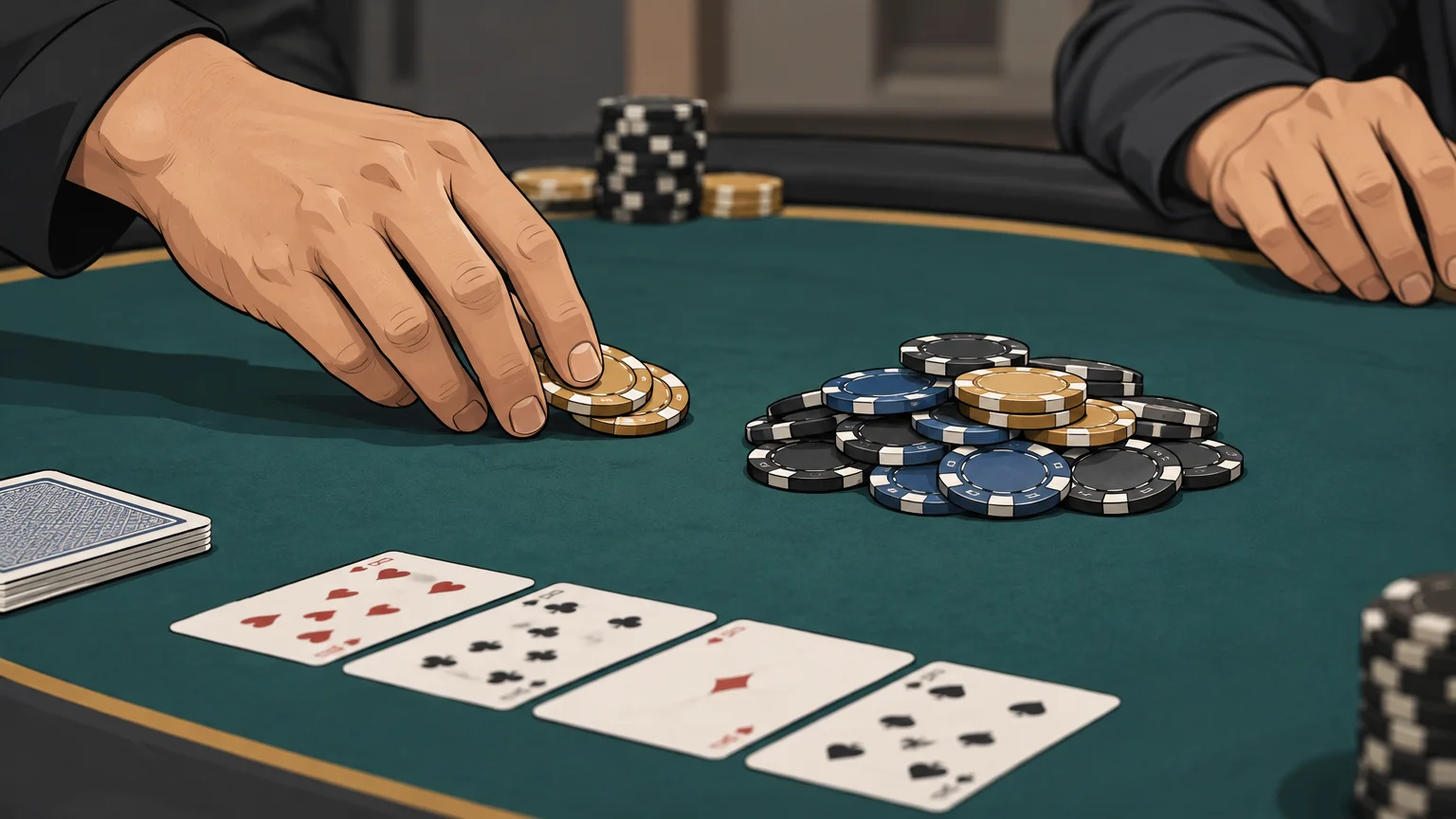 Des mains déplacent des jetons près de cartes communes sur une table de poker.