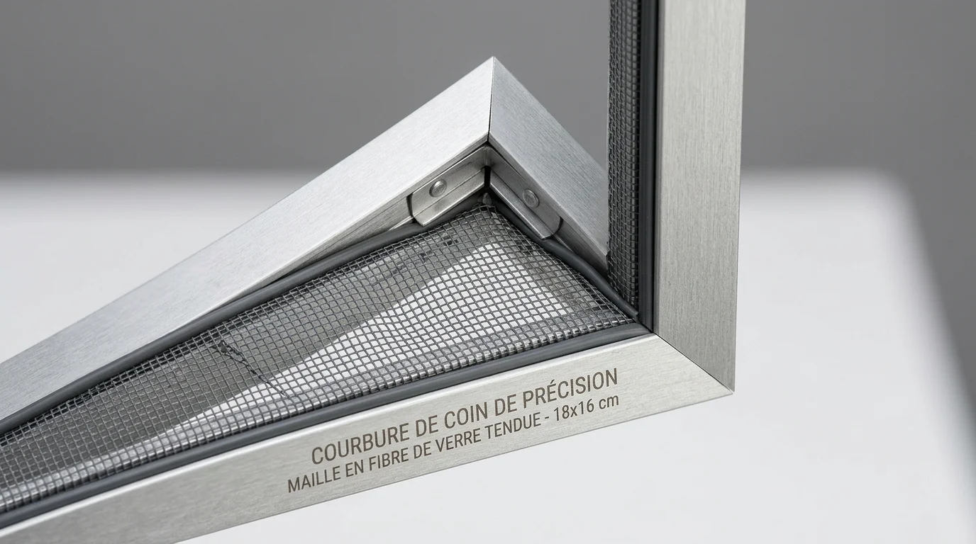 D&eacute;tail d'un cadre en aluminium et d'une toile de moustiquaire en fibre de verre