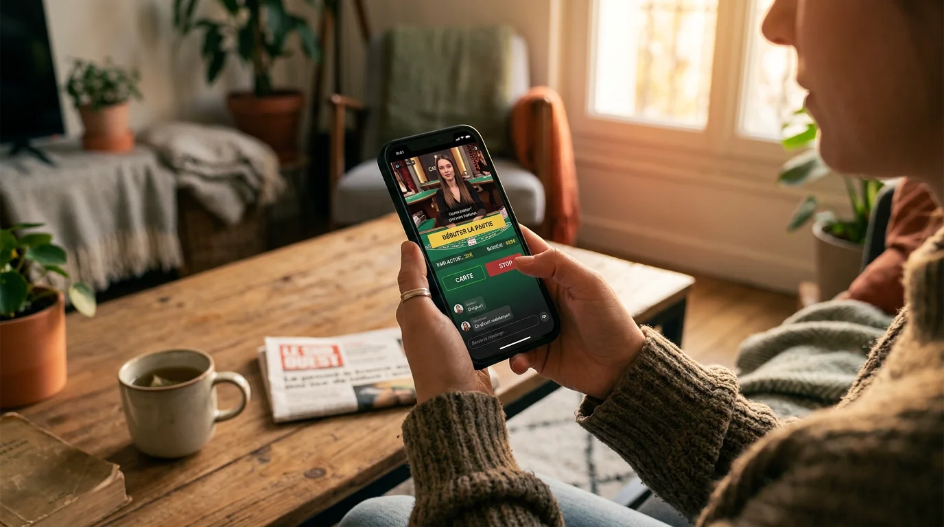 Joueur consultant une table de casino en direct sur son smartphone