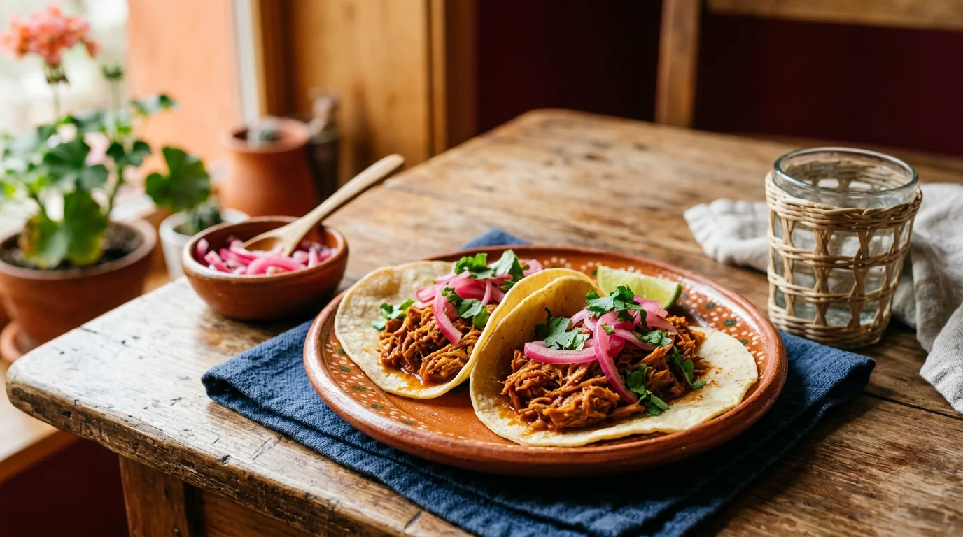 Tacos de cochinita pibil garnis d'oignons rouges marinés et de coriandre