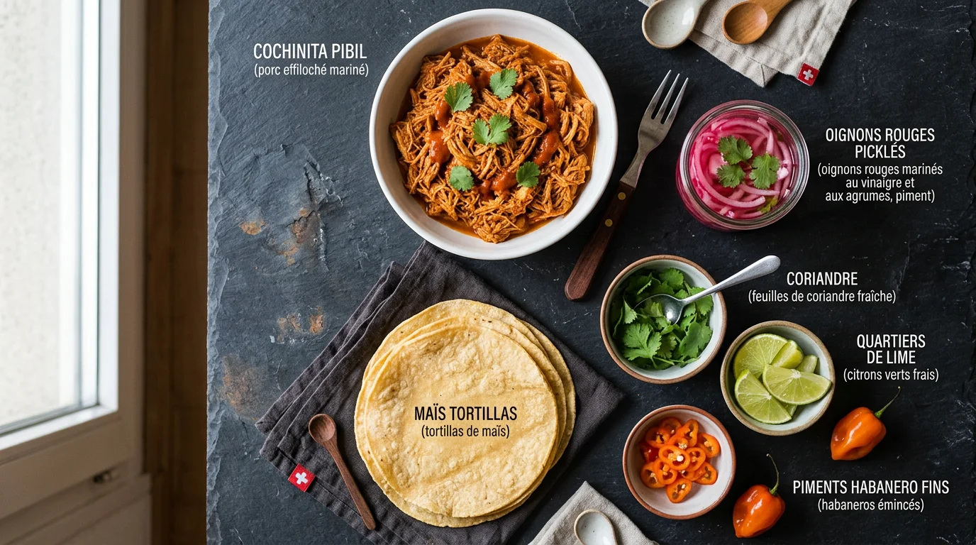 Ingrédients pour monter des tacos de cochinita pibil disposés à plat