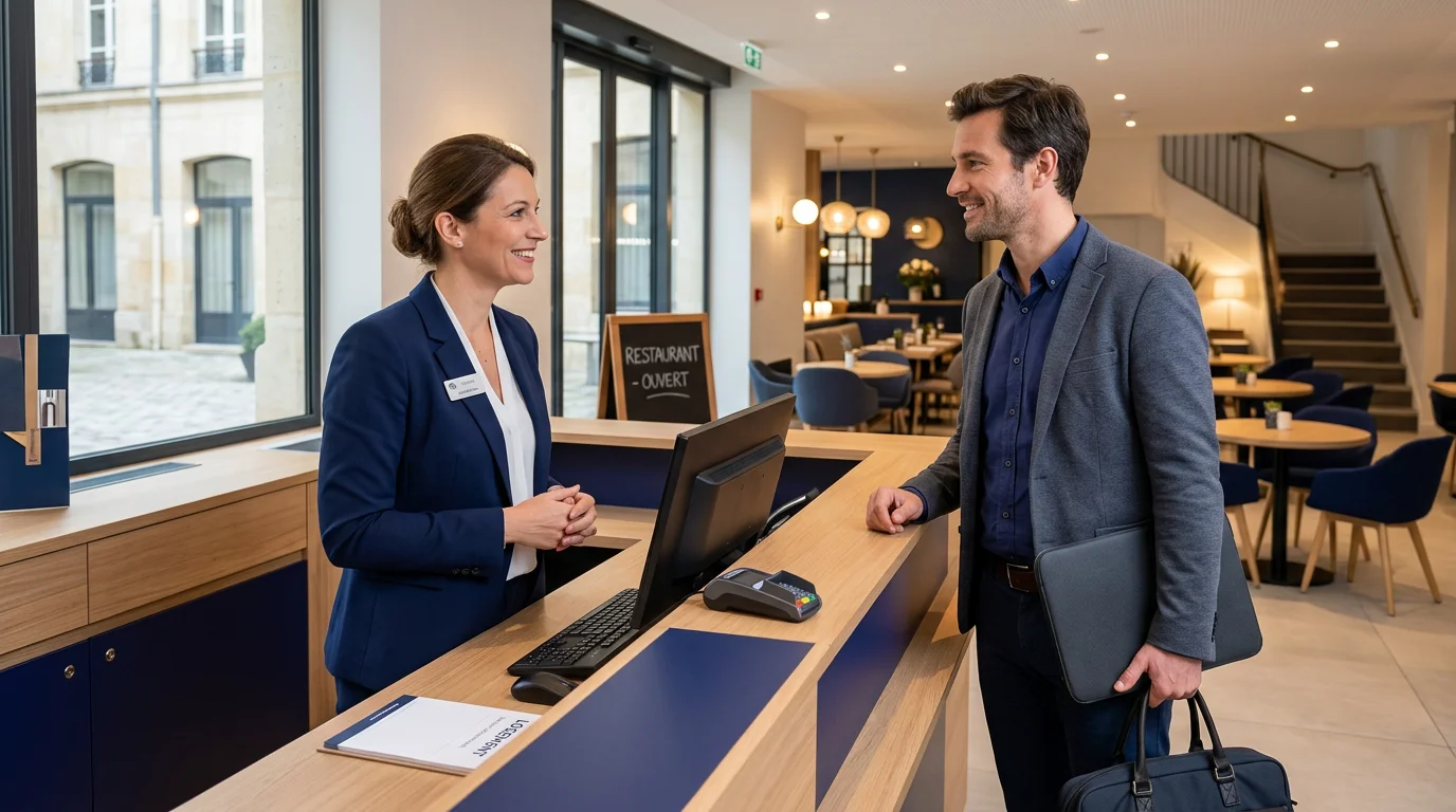 Accueil d'un voyageur à la réception d'un hôtel avec restaurant