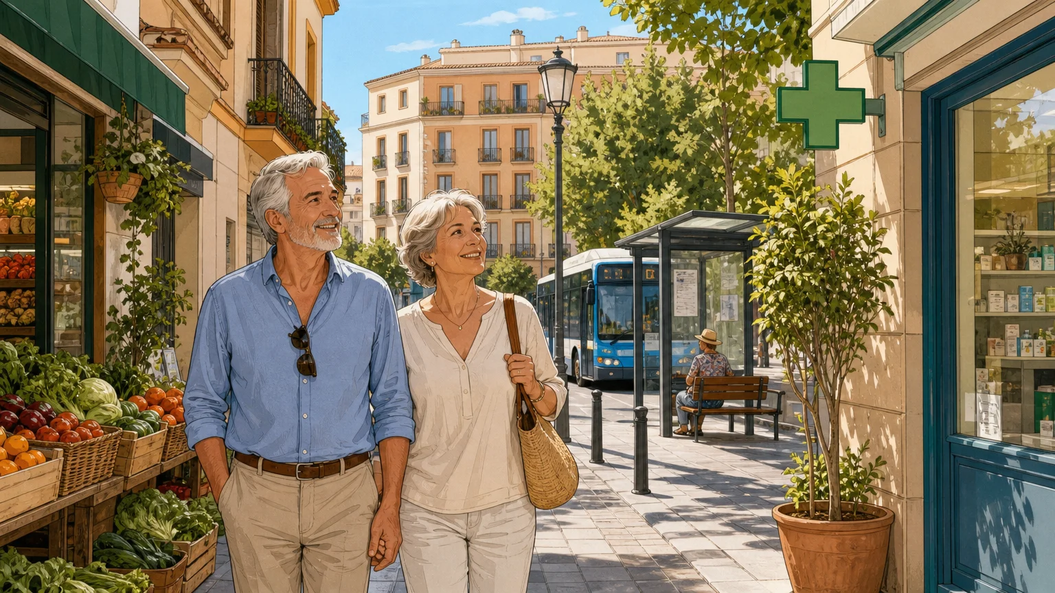 Couple de retraités observant un quartier résidentiel dans une ville espagnole moyenne