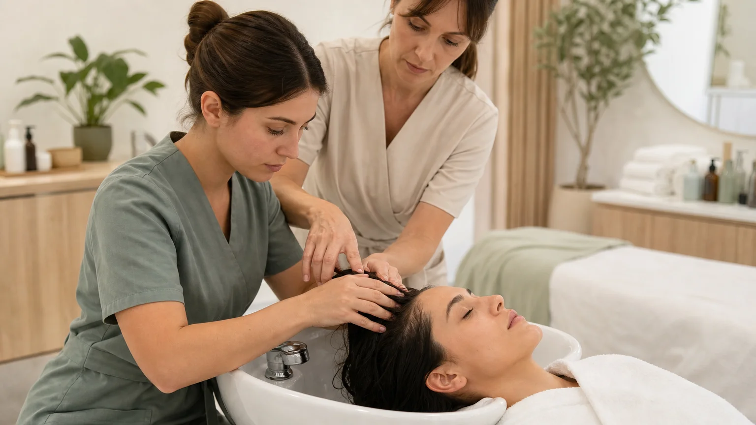 Pratique supervisée d’un massage du cuir chevelu pendant une formation Head Spa
