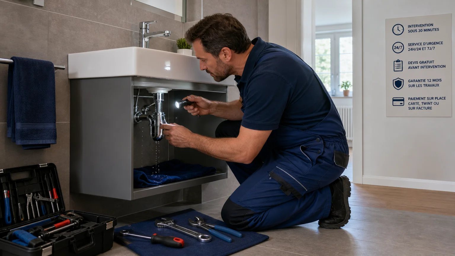 Plombier examinant une fuite sous un lavabo dans un appartement à Genève