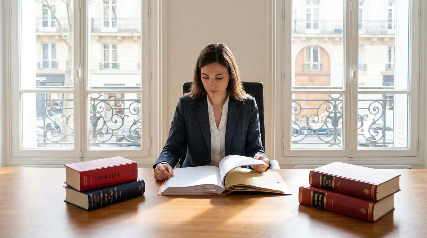Étudiant en alternance juridique travaillant sur un dossier dans un bureau professionnel en France