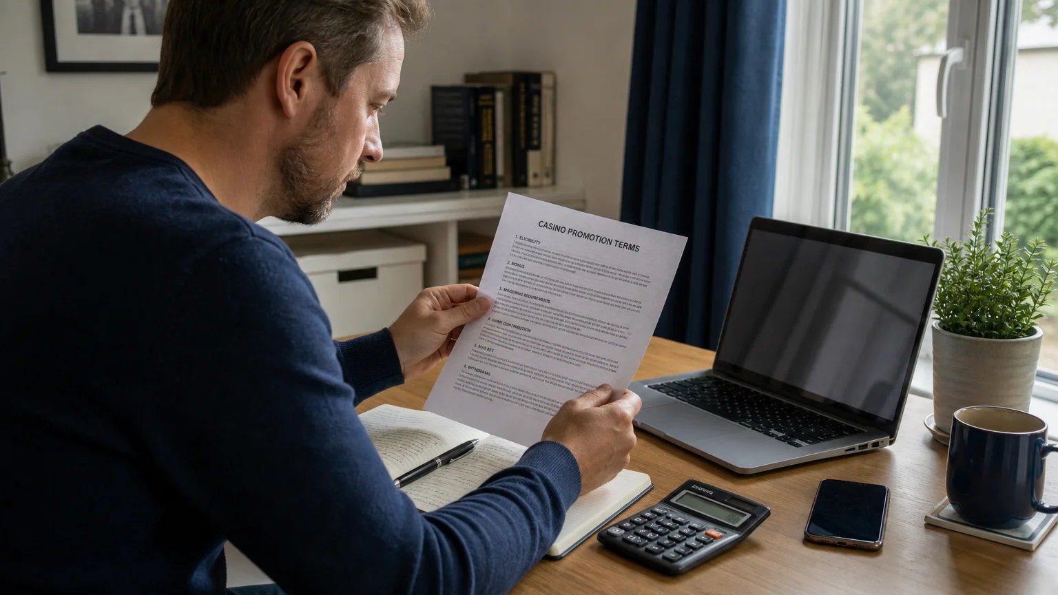Player reviewing casino bonus terms at a desk