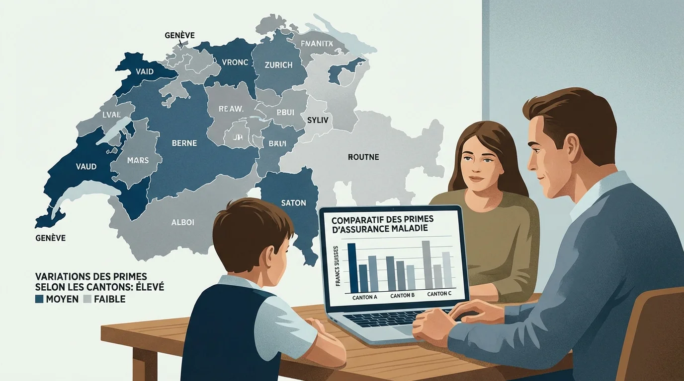 Famille suisse comparant les primes d'assurance maladie par canton sur un ordinateur