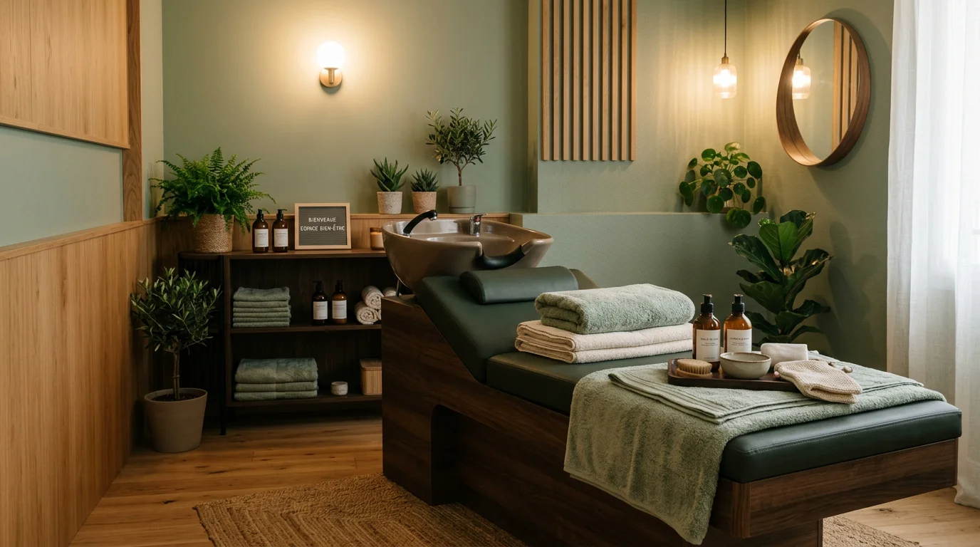 Salle de soin head spa moderne et apaisante prête à accueillir la clientèle