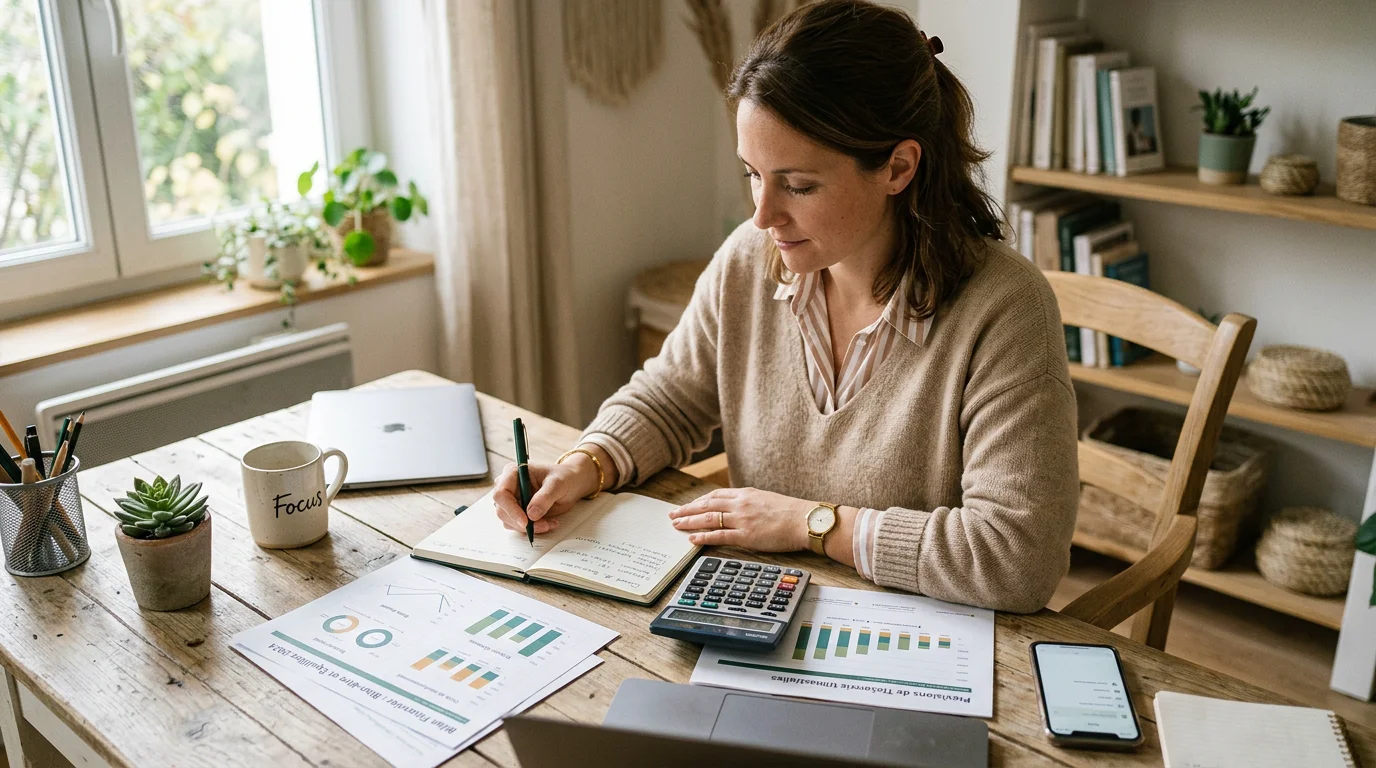 Entrepreneur chiffrant le budget d'ouverture d'un head spa sur un bureau clair