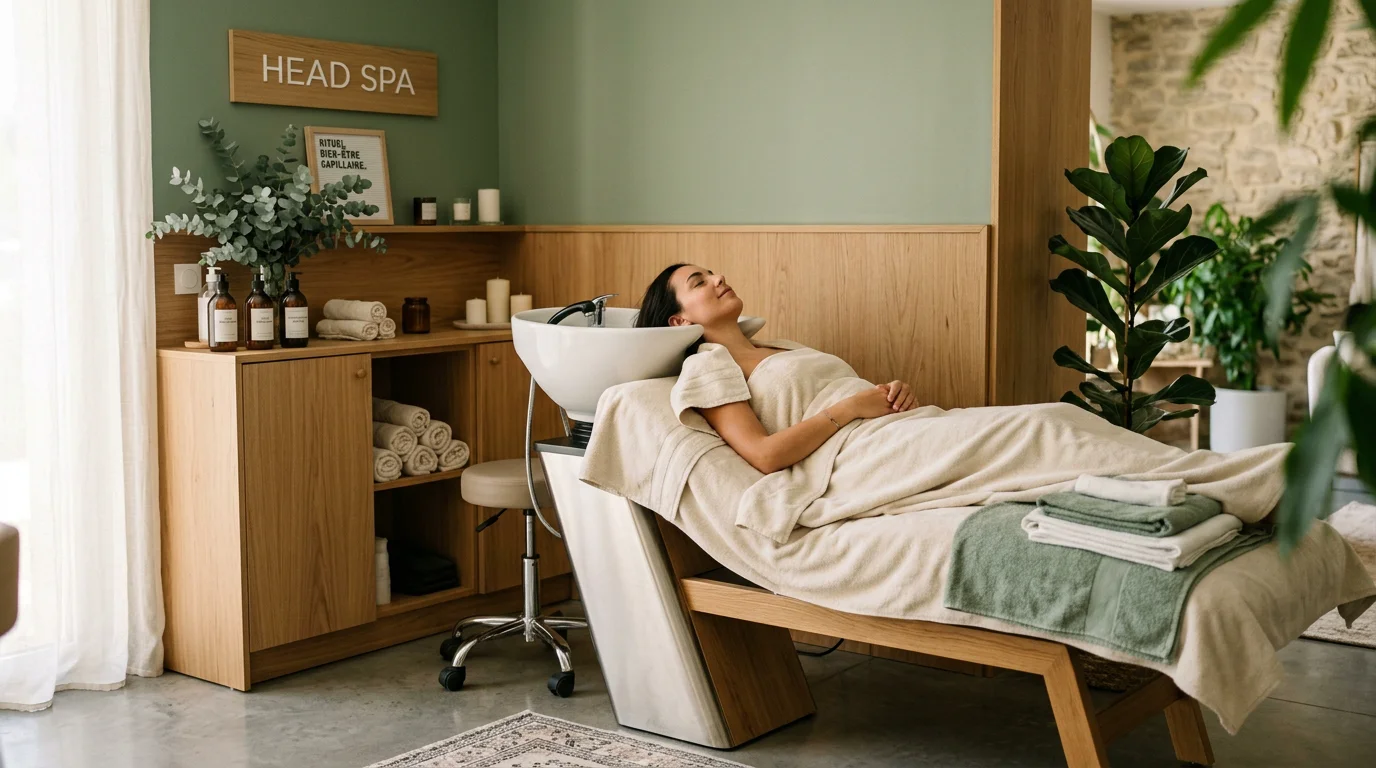 Poste de soin head spa professionnel équipé dans un salon apaisant