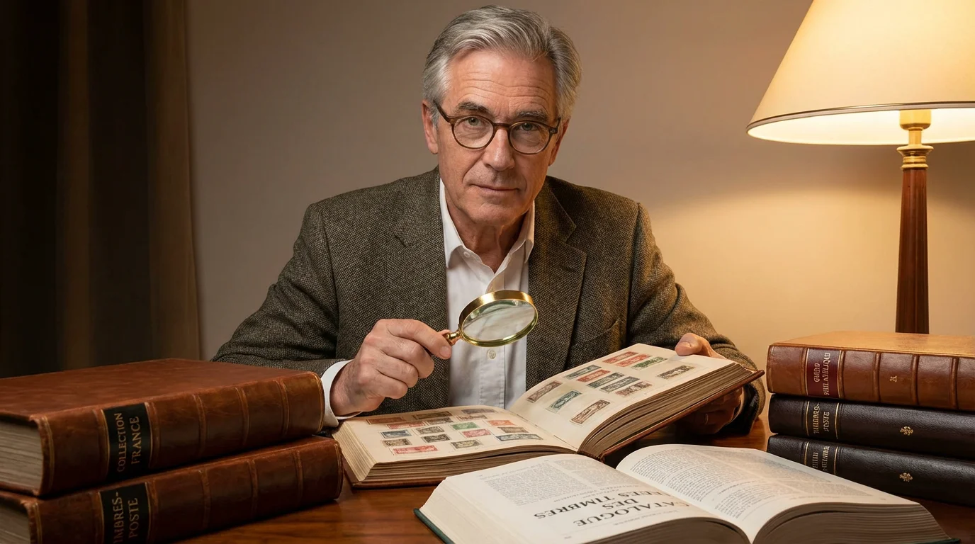 Expert philatéliste examinant une collection de timbres avec une loupe sur un bureau professionnel