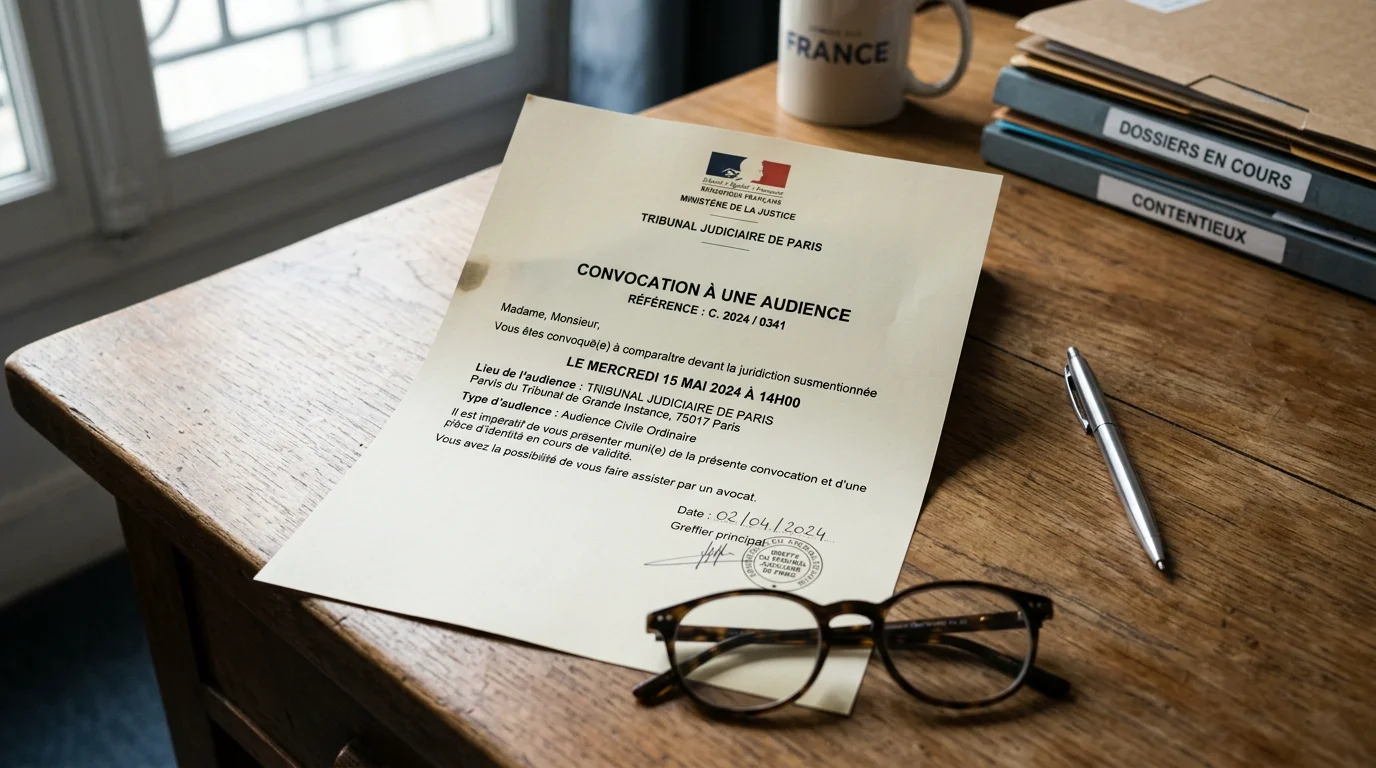 Document de convocation au commissariat posé sur un bureau d'avocat