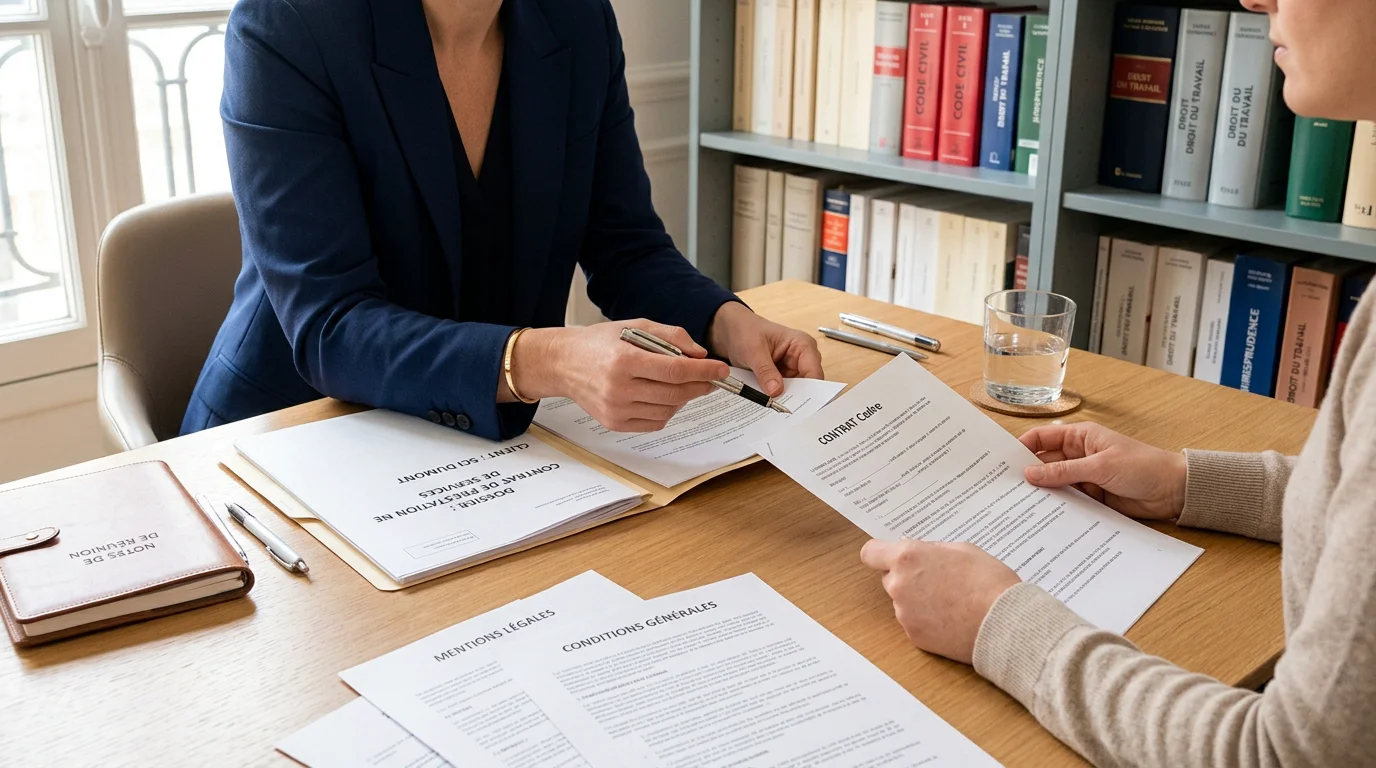 Consultation entre une avocate et un client autour d'un dossier à Paris