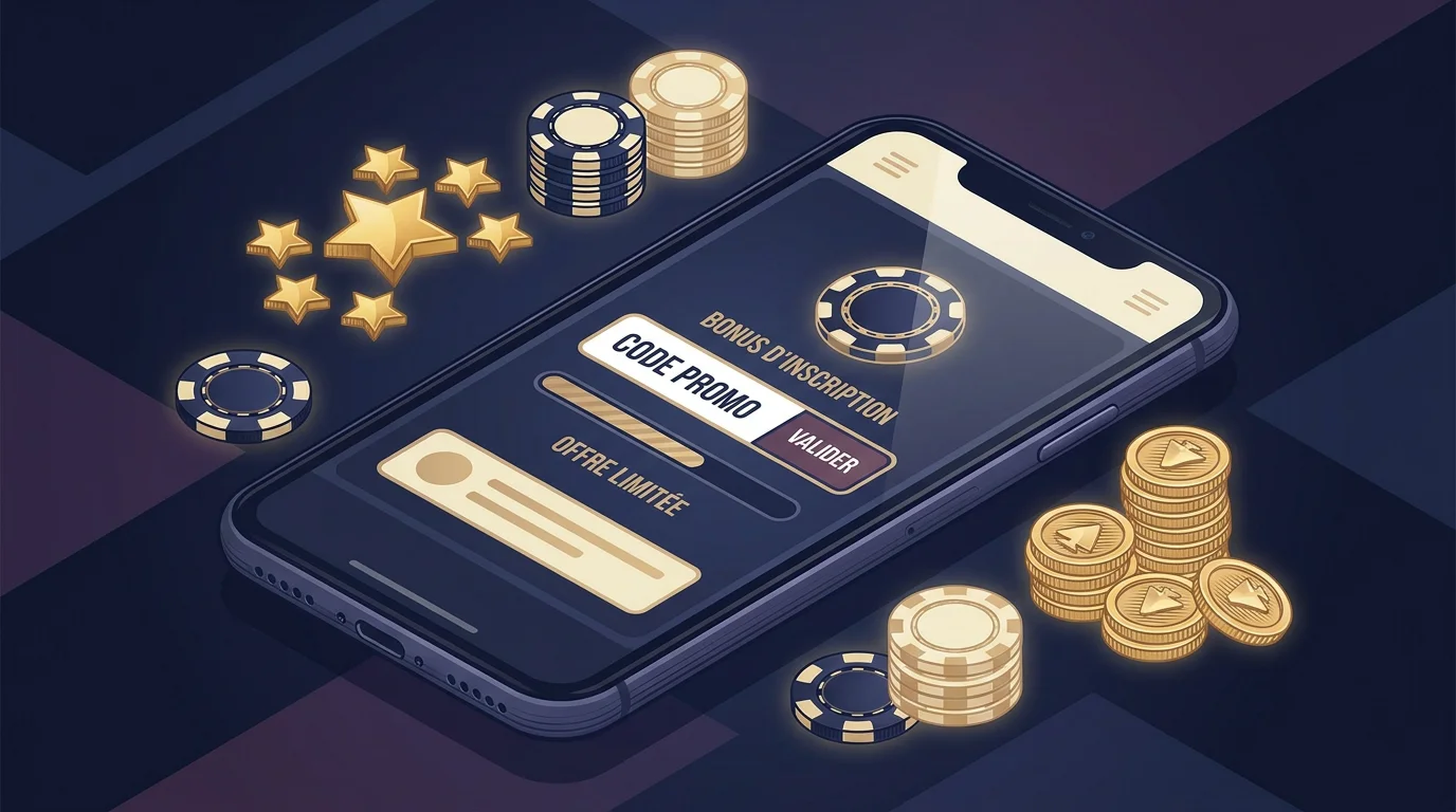 Interface de casino en ligne avec champ de code promotionnel sans dépôt sur smartphone