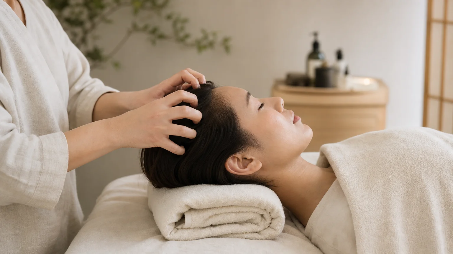 Massage manuel du cuir chevelu pendant un head spa japonais