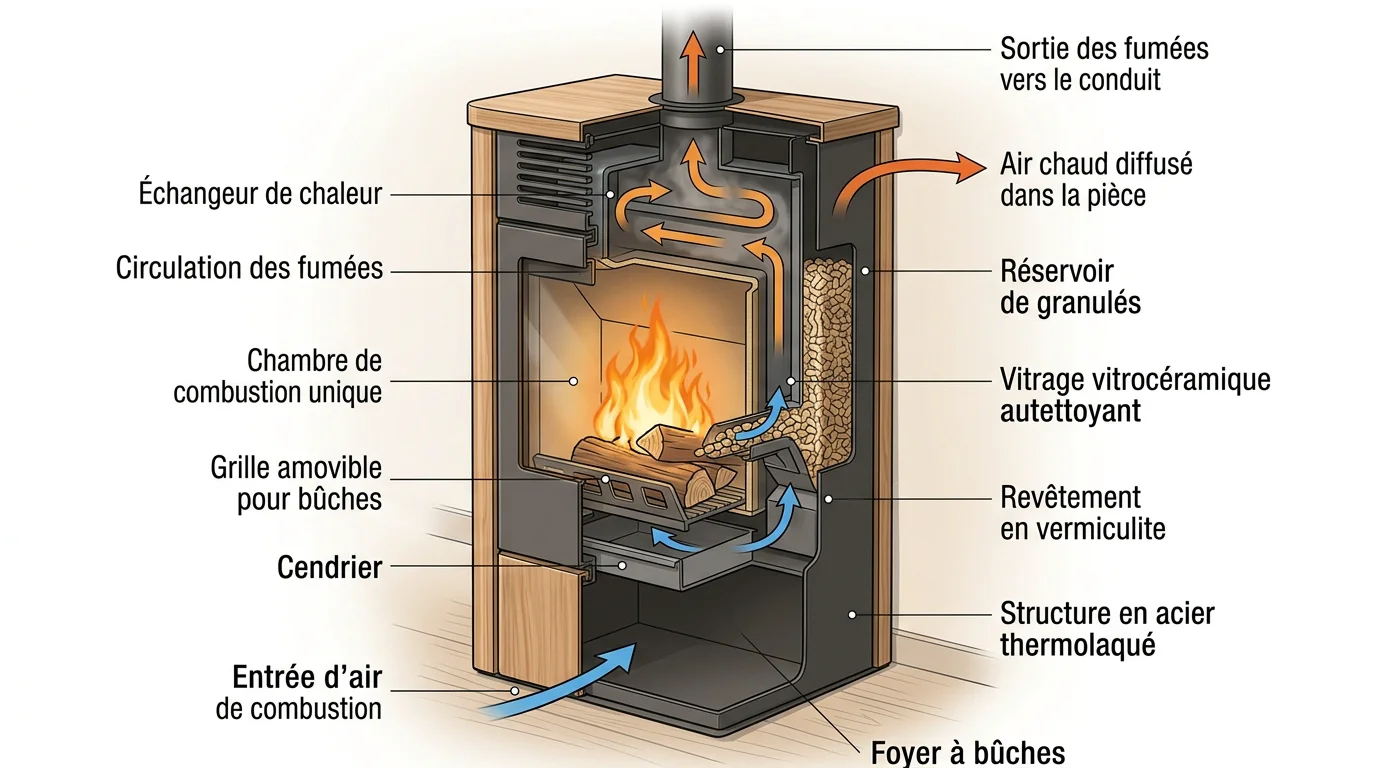 Schéma en coupe du fonctionnement d'un poêle mixte bois et granulés