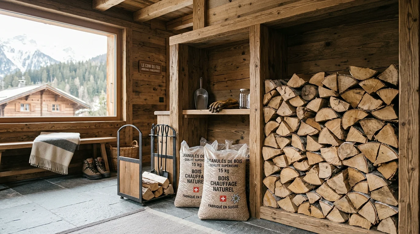 Stockage de bûches et de sacs de granulés pour un poêle mixte