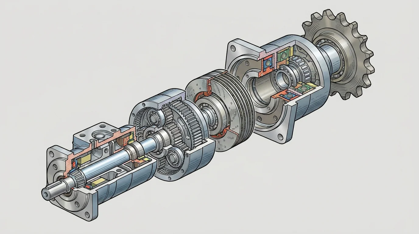 Vue éclatée d'un moteur de translation hydraulique pour mini pelle montrant ses composants internes
