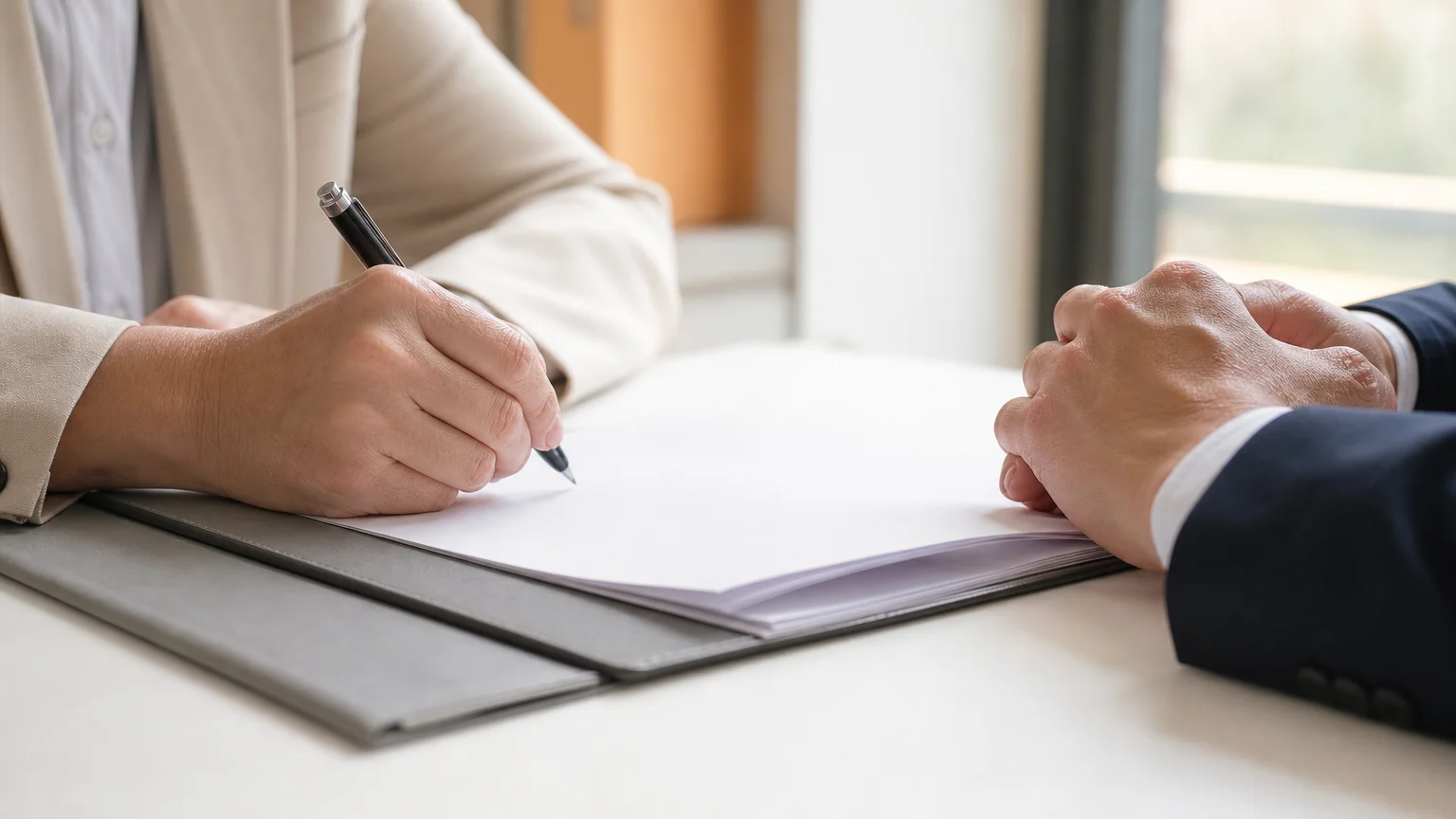 Mains anonymes signant une convention de divorce sur un bureau juridique
