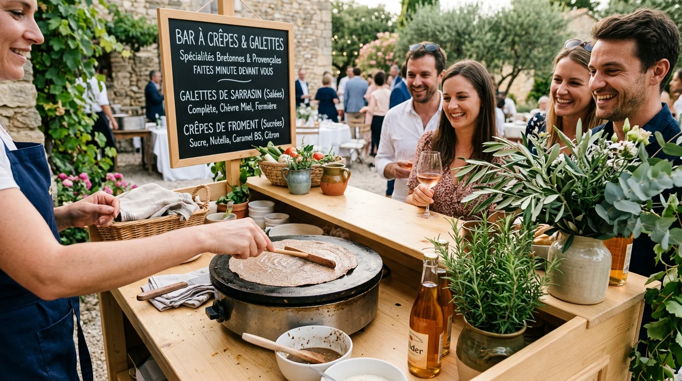 Bar à crêpes et galettes de sarrasin préparées en direct lors d'une réception