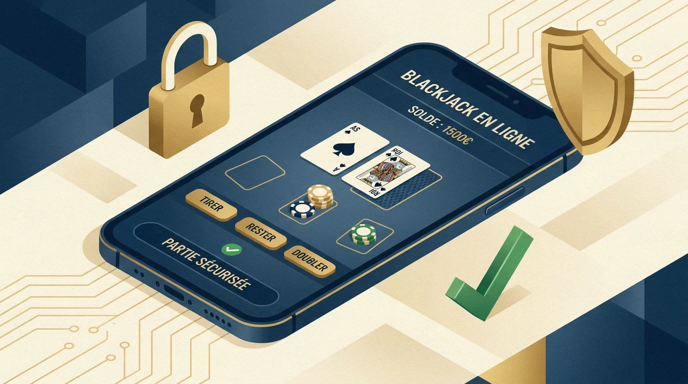 Smartphone affichant une partie de blackjack en ligne avec des icônes de sécurité