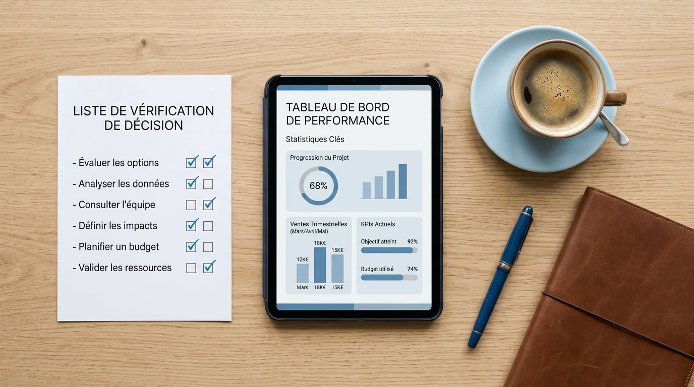 Composition à plat d'une checklist de choix de logiciel et d'un tableau de bord