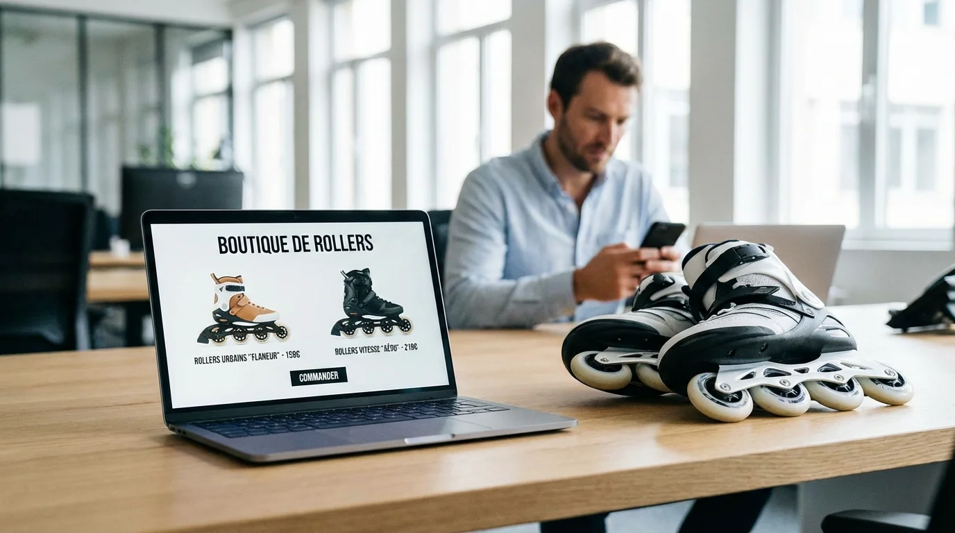 Espace de travail avec ordinateur affichant une boutique roller en ligne et rollers posés sur un bureau