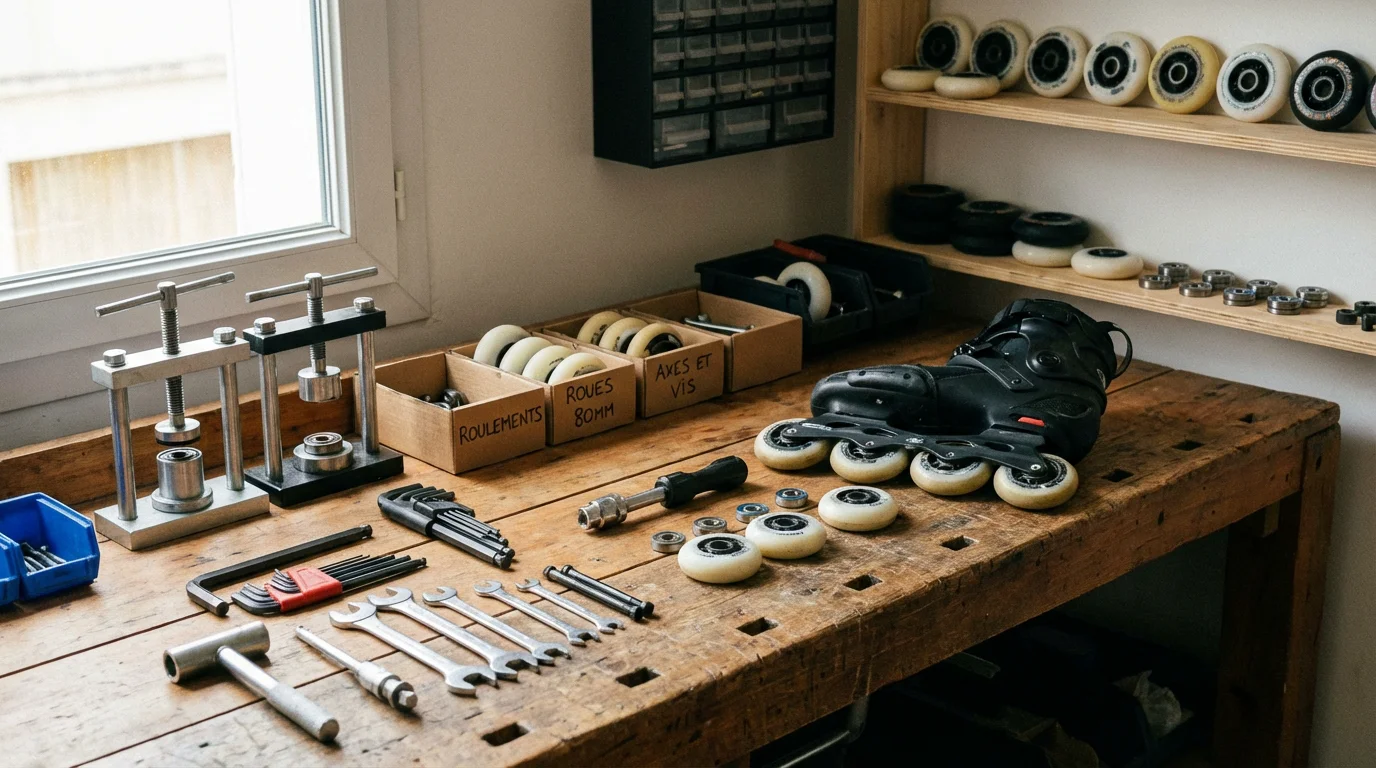 Atelier de maintenance roller avec outils et pièces détachées sur un établi
