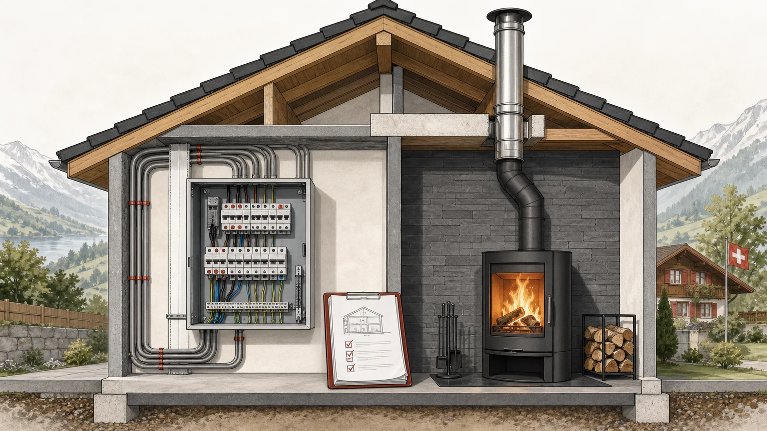 Illustration d’une maison avec une installation électrique et un poêle à contrôler