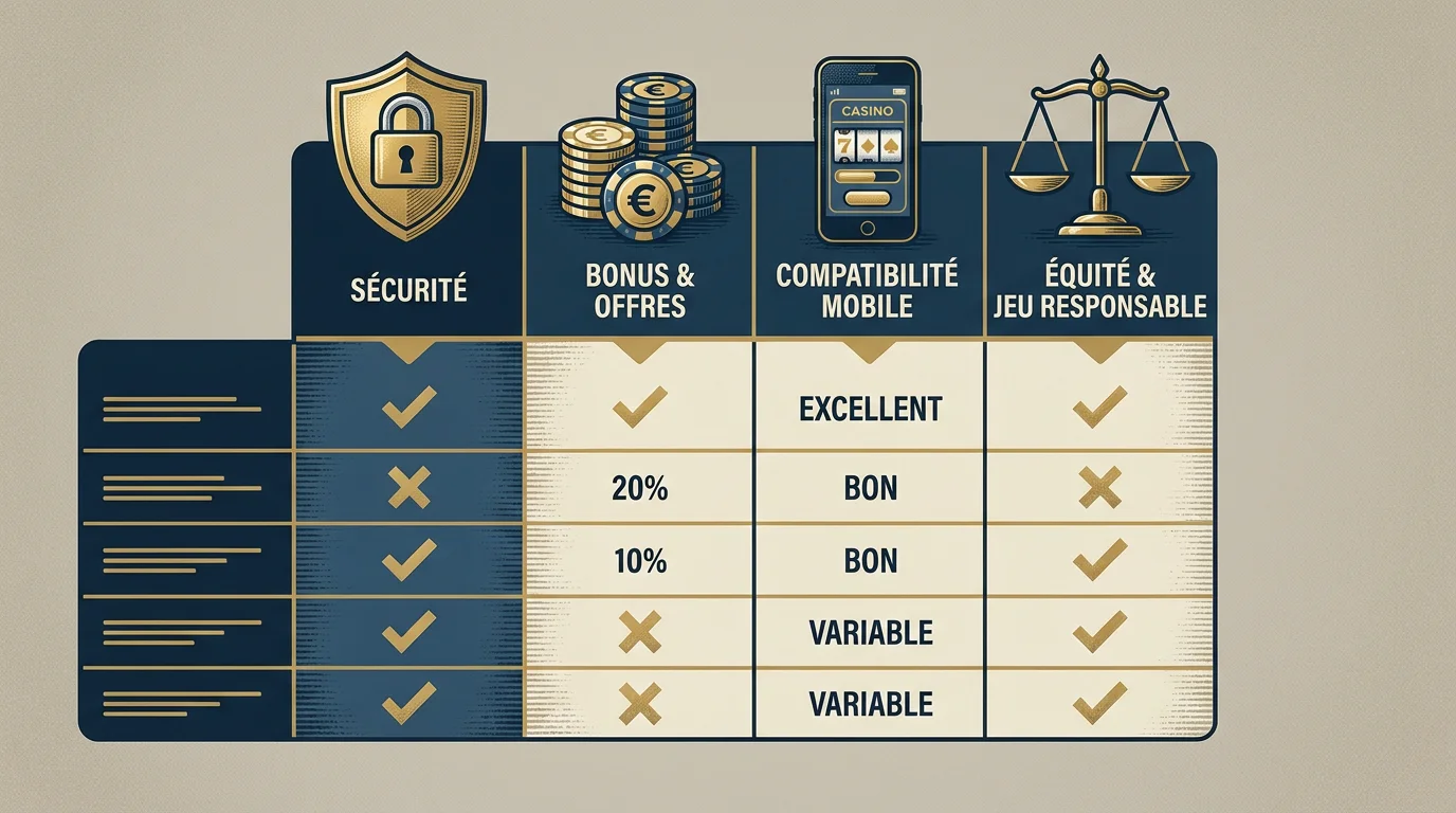 Critères de sélection d'un casino en ligne illustrés par des icônes professionnelles