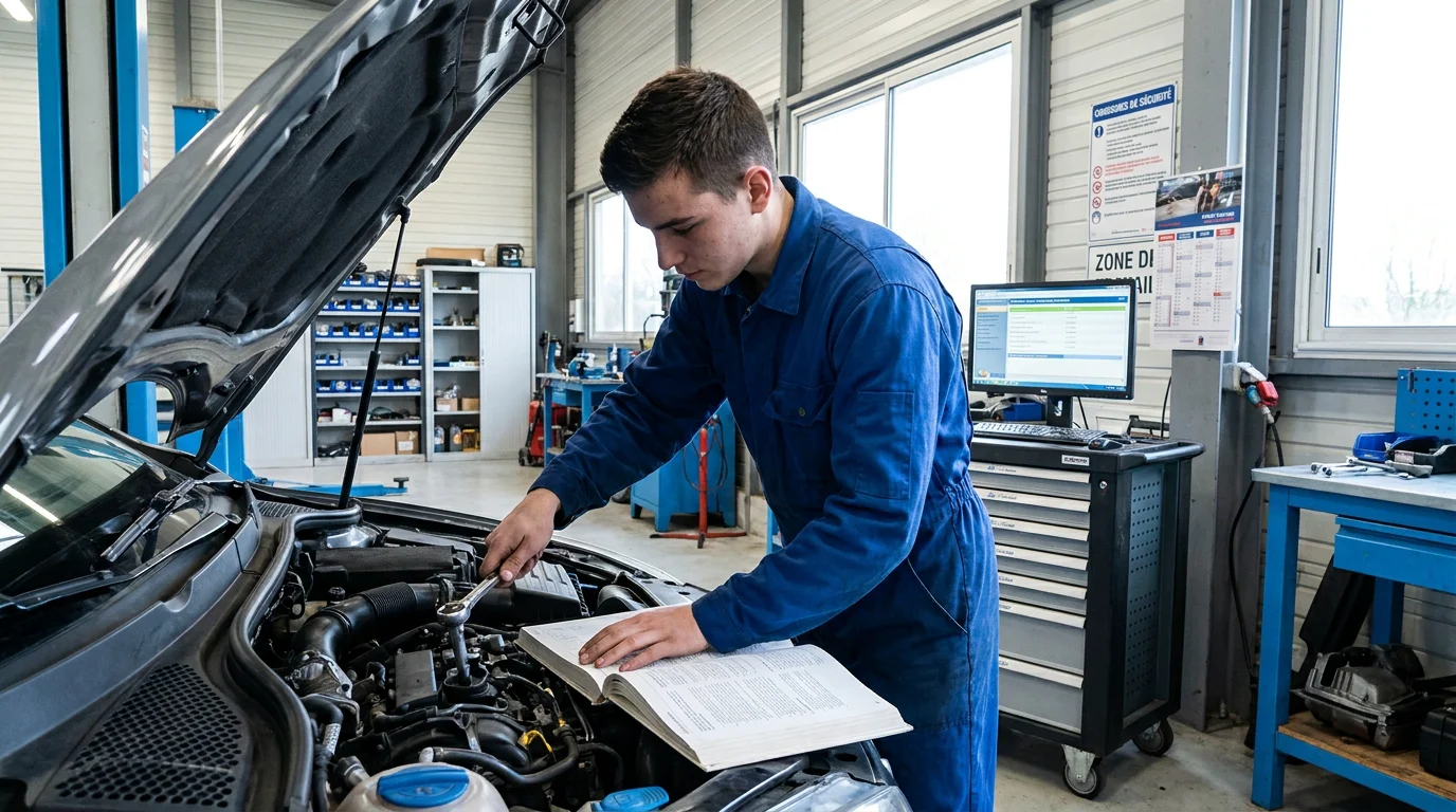 Apprenti mécanicien en alternance travaillant dans un atelier automobile en France