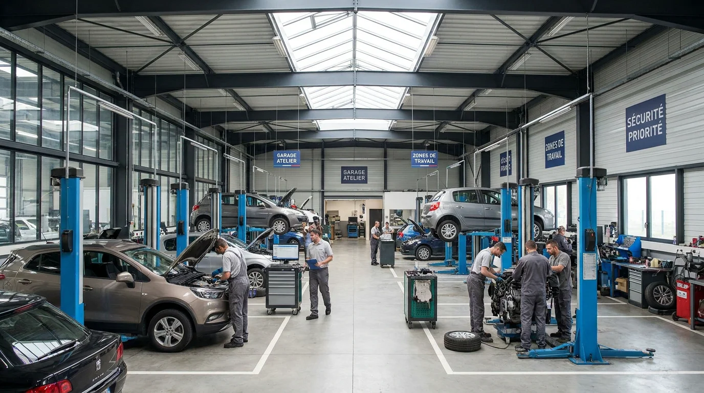 Atelier de mécanique automobile moderne avec techniciens en activité