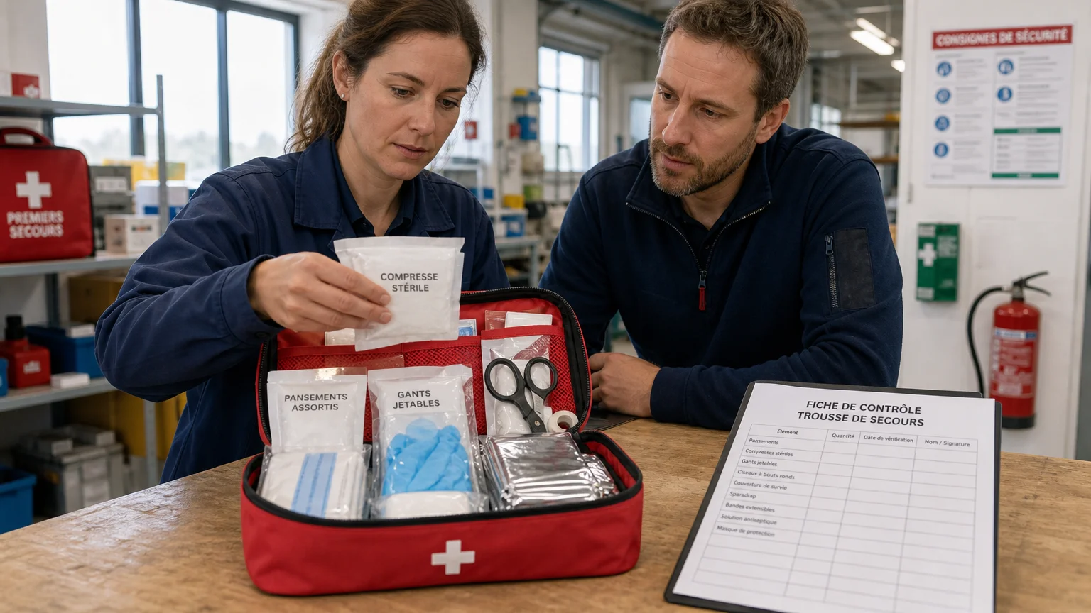 Responsables HSE vérifiant le contenu d’une trousse de premiers secours