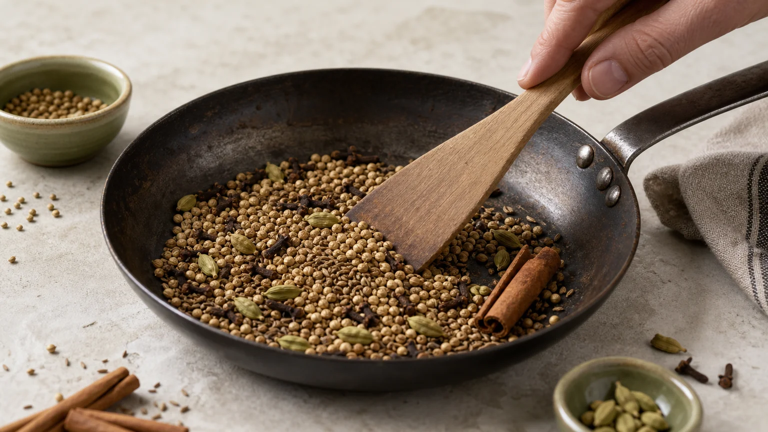 Torréfaction douce des épices d’un garam masala