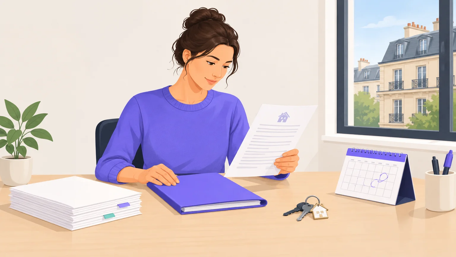 Illustration éditoriale d’un bailleur organisant ses contrats et échéances locatives en France