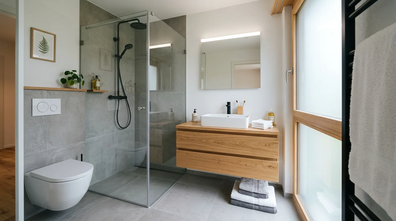 Salle de bain rénovée avec douche et meuble vasque